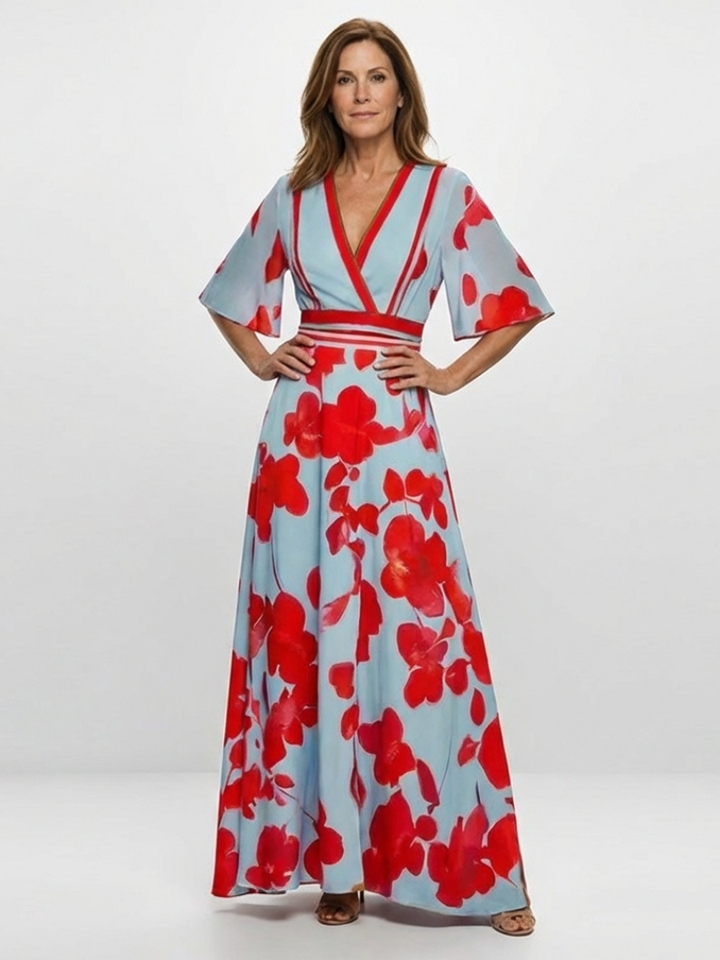 Corinne | Robe maxi florale à manches courtes en V