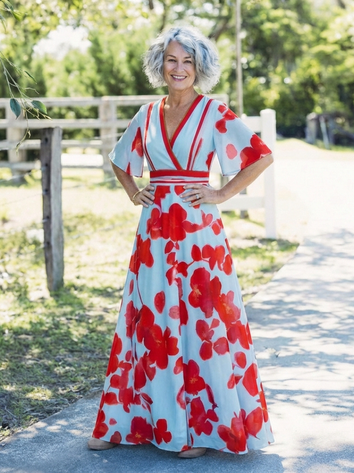 Corinne | Robe maxi florale à manches courtes en V