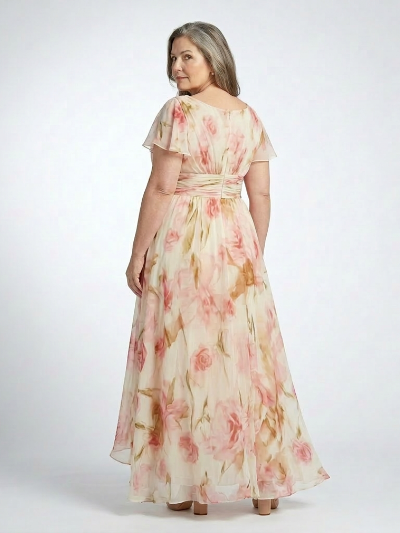 Elara | Robe Maxi Florale à Encolure en V et Manches Courtes