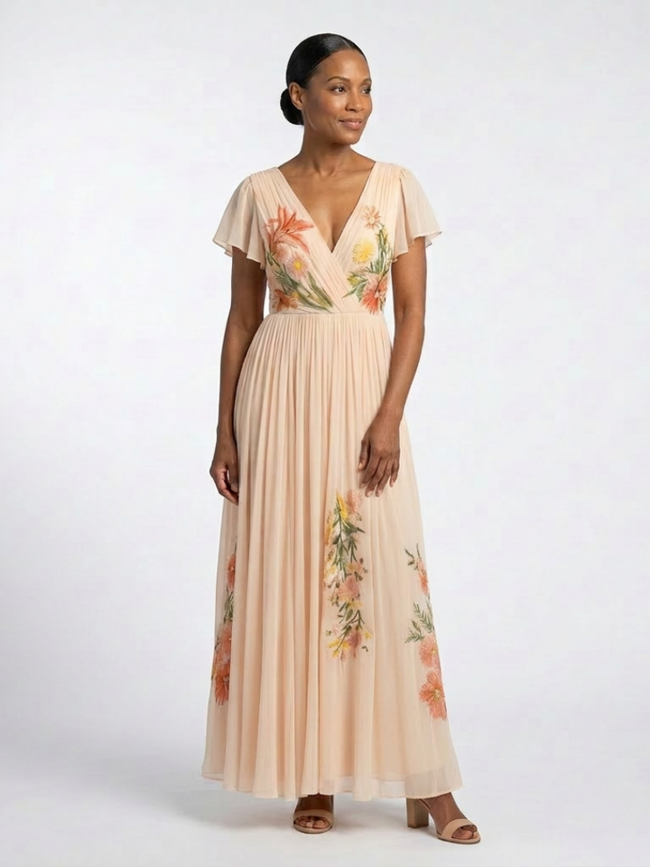 Calista | Robe maxi plissée à fleurs à col en V et manches courtes