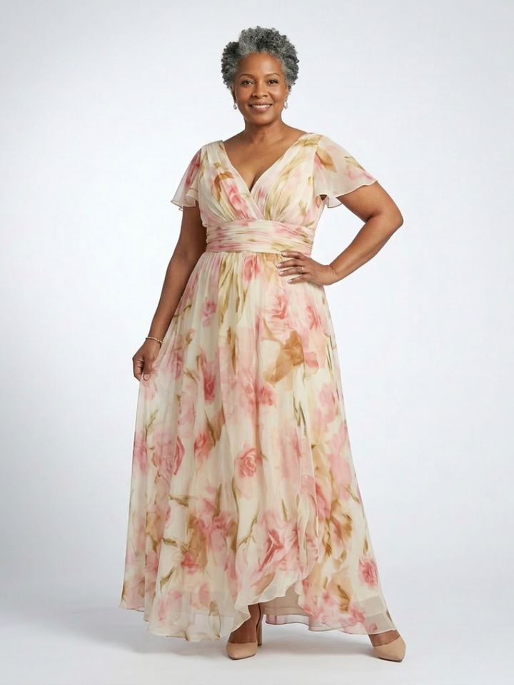 Elara | Robe Maxi Florale à Encolure en V et Manches Courtes