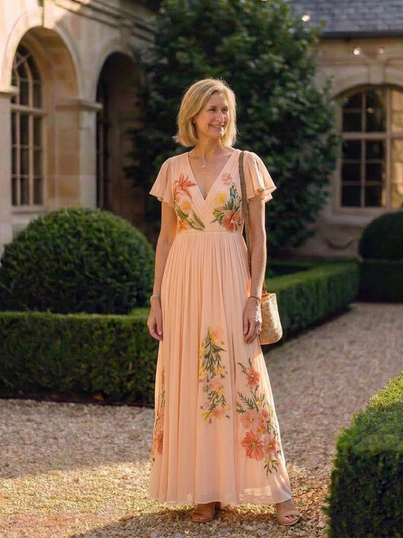 Calista | Robe maxi plissée à fleurs à col en V et manches courtes