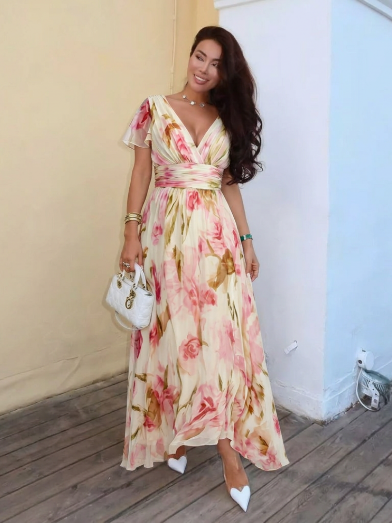 Elara | Robe Maxi Florale à Encolure en V et Manches Courtes