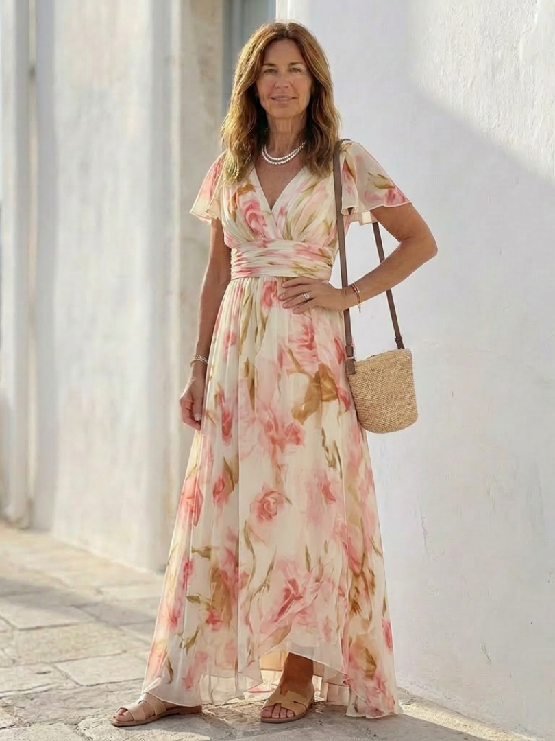 Elara | Robe Maxi Florale à Encolure en V et Manches Courtes