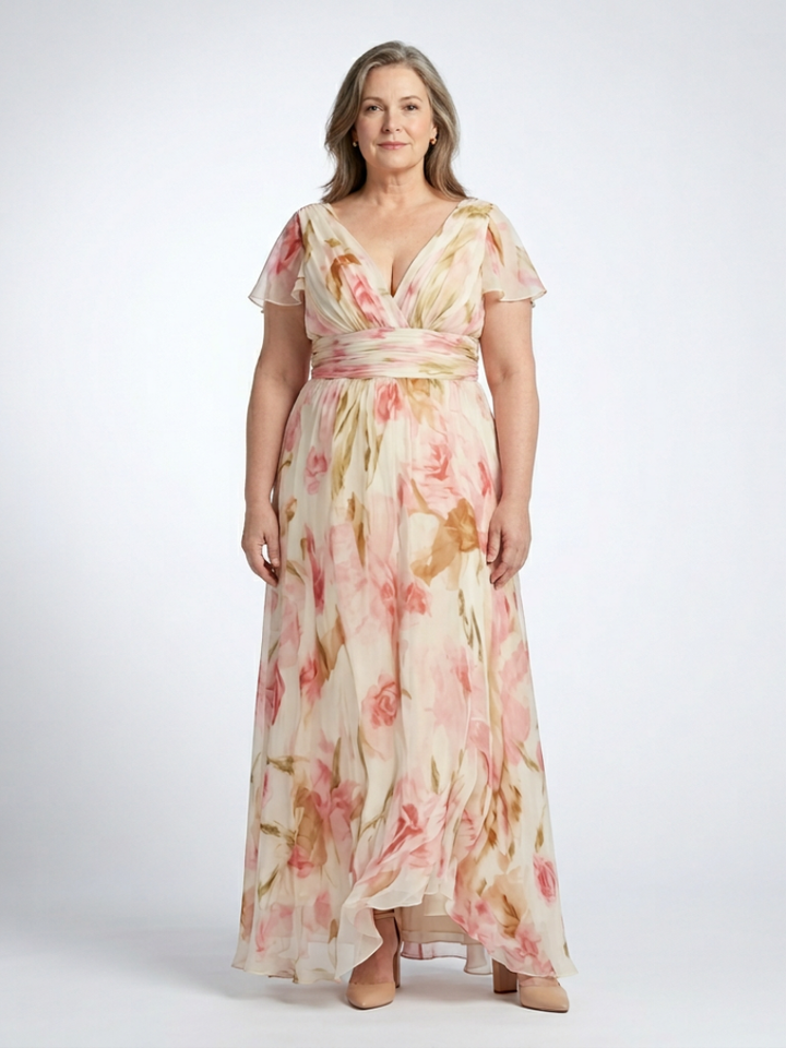 Elara | Robe Maxi Florale à Encolure en V et Manches Courtes