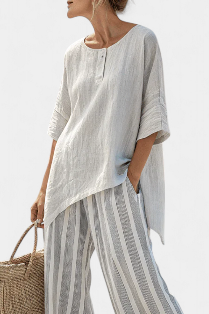Talvora | Blouse Asymétrique Élégante & Pantalons Rayés