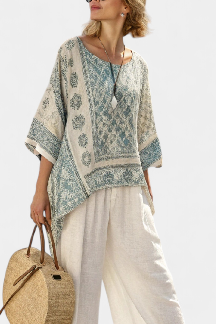Quinley | Blouse Imprimée Confortable & Pantalons Blancs à Jambes Larges