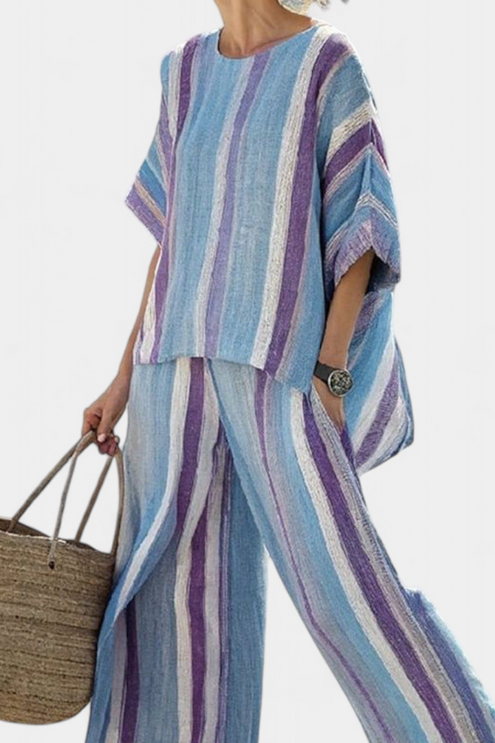 Faelith | Haut Pastel Mauve Élégant & Pantalons en Lin Rayés