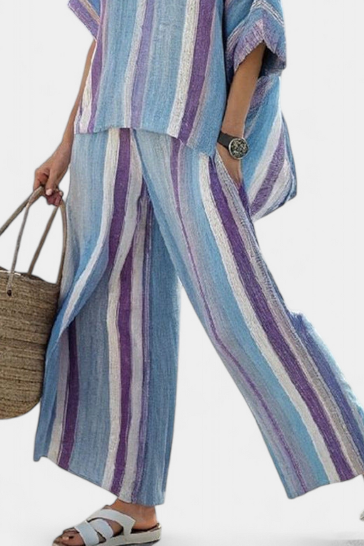 Faelith | Haut Pastel Mauve Élégant & Pantalons en Lin Rayés