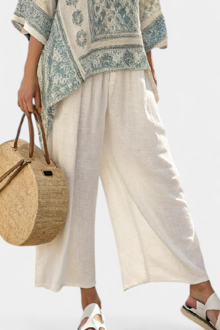 Quinley | Blouse Imprimée Confortable & Pantalons Blancs à Jambes Larges