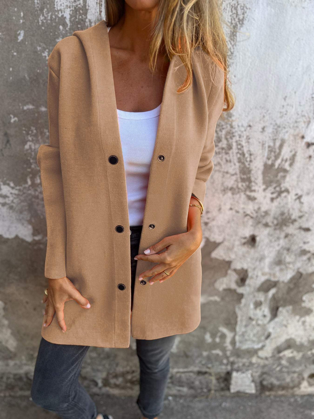 Elara · Élégant Gilet Long avec Capuche