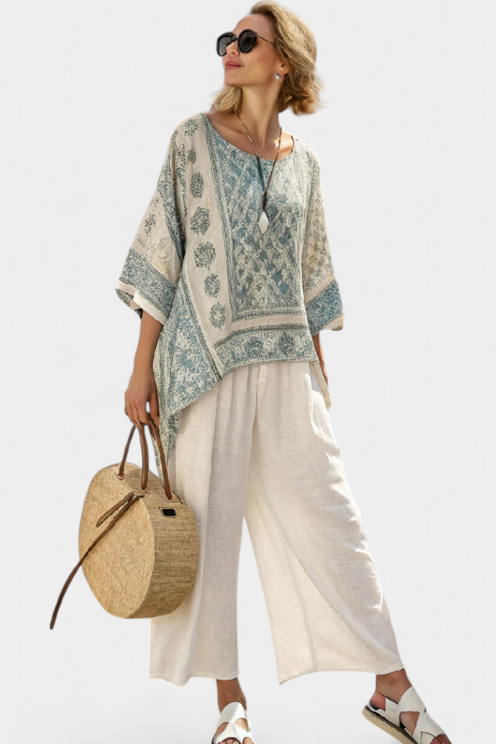 Quinley | Blouse Imprimée Confortable & Pantalons Blancs à Jambes Larges