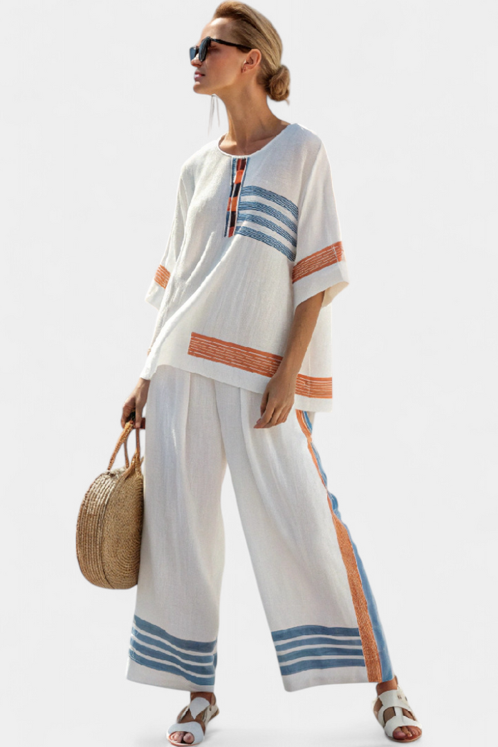Marcellin | Haut et Pantalon Rayé Bleu-Orange Sophistiqué
