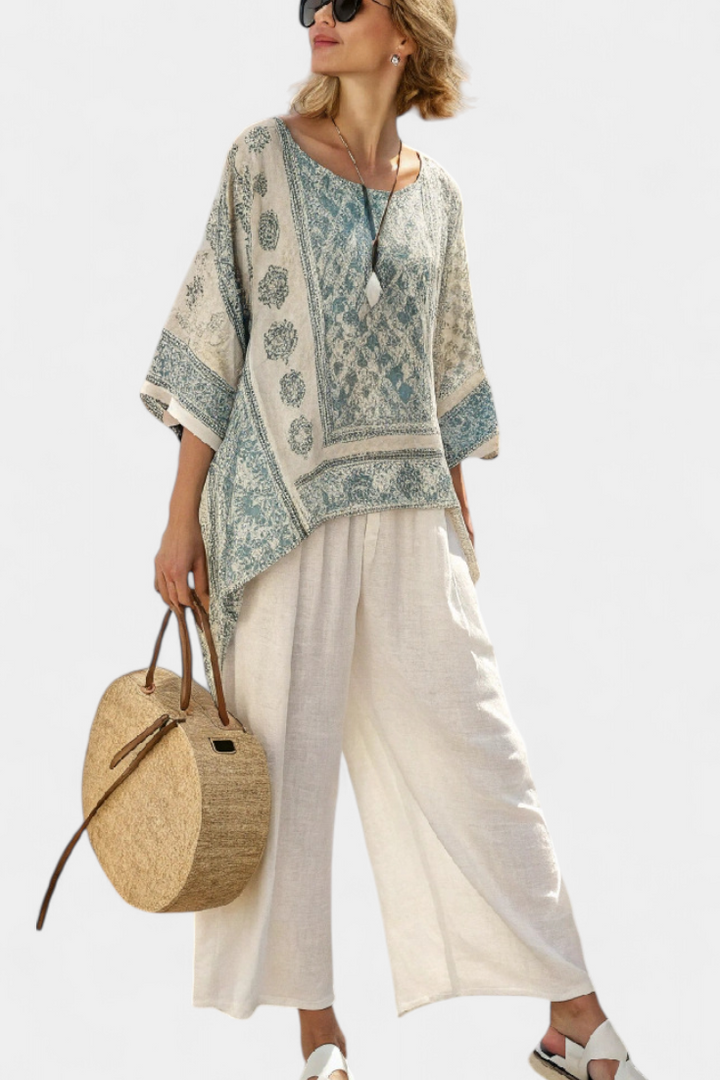 Quinley | Blouse Imprimée Confortable & Pantalons Blancs à Jambes Larges