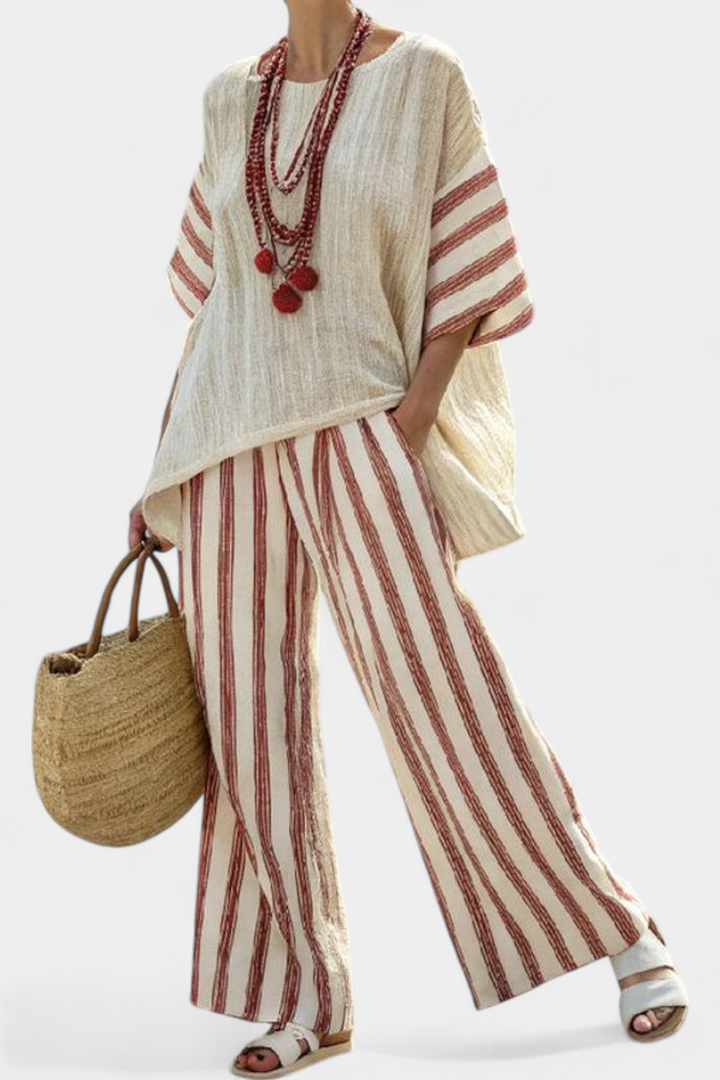 Braelith | Haut Rayé Élegant Rustique & Pantalons en Lin Crème
