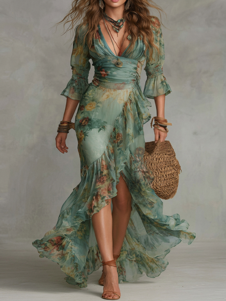 Robe Maxi en Chiffon Vert Herbe avec Volants Irréguliers et Fente