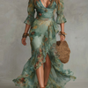 Robe Maxi en Chiffon Vert Herbe avec Volants Irréguliers et Fente