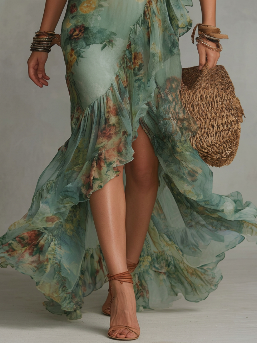 Robe Maxi en Chiffon Vert Herbe avec Volants Irréguliers et Fente