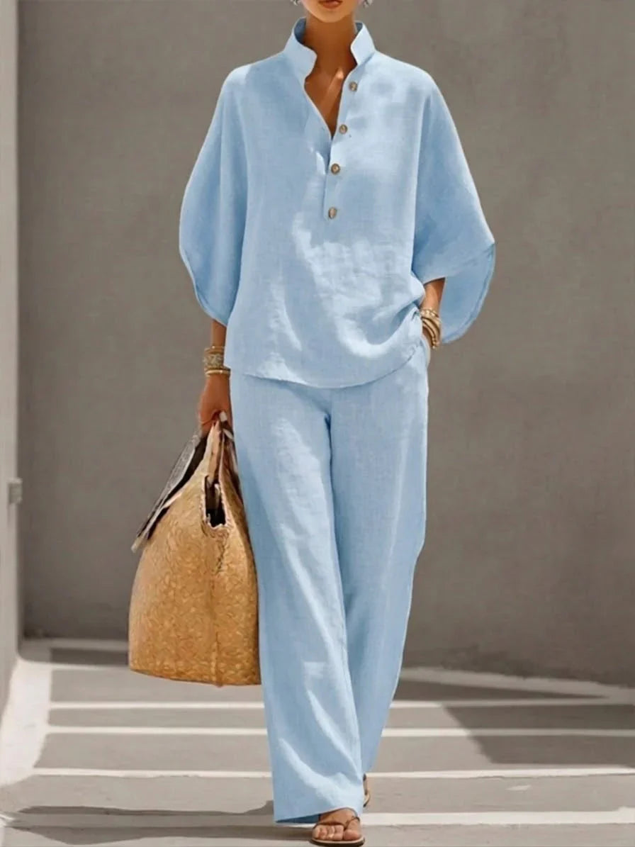 Léa | Ensemble en lin avec manches chauve-souris et pantalon large