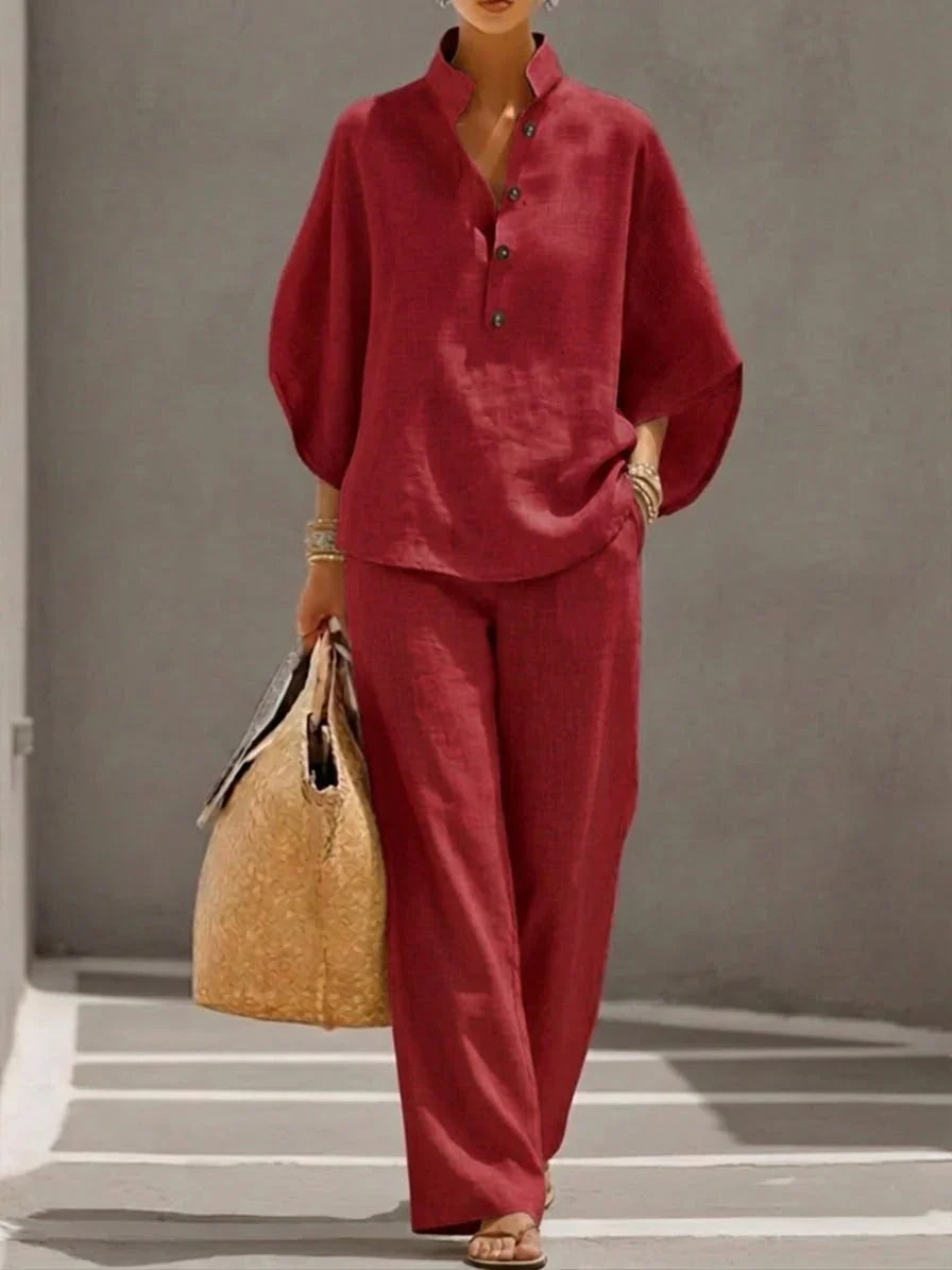 Léa | Ensemble en lin avec manches chauve-souris et pantalon large