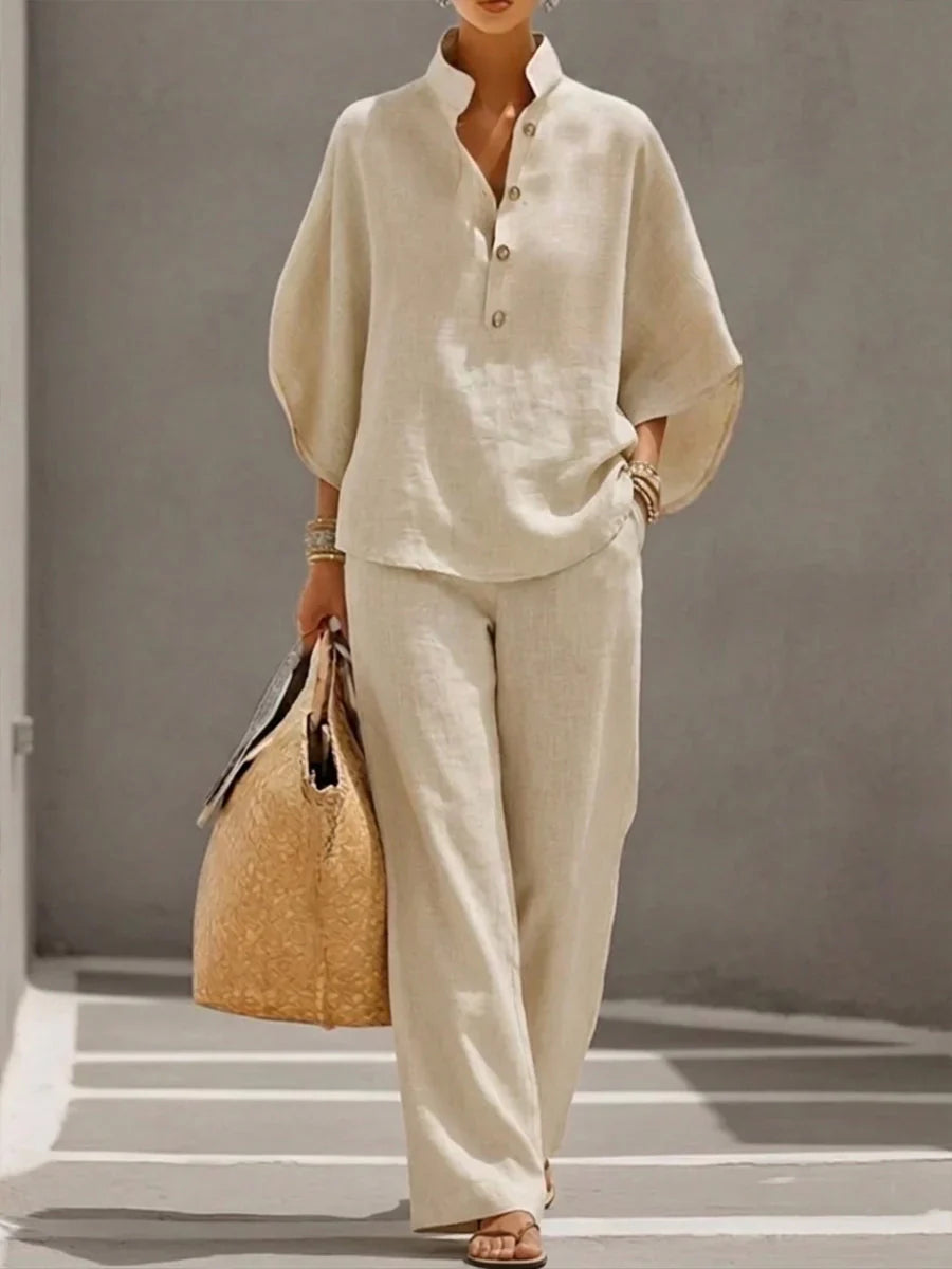 Léa | Ensemble en lin avec manches chauve-souris et pantalon large