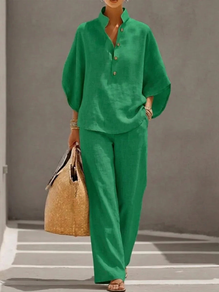 Léa | Ensemble en lin avec manches chauve-souris et pantalon large